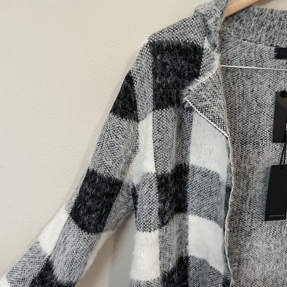 NEW Kut From The Kloth Open Front Cardigan Womens XS Buffalo Plaid Black White - Picture 6 of 12